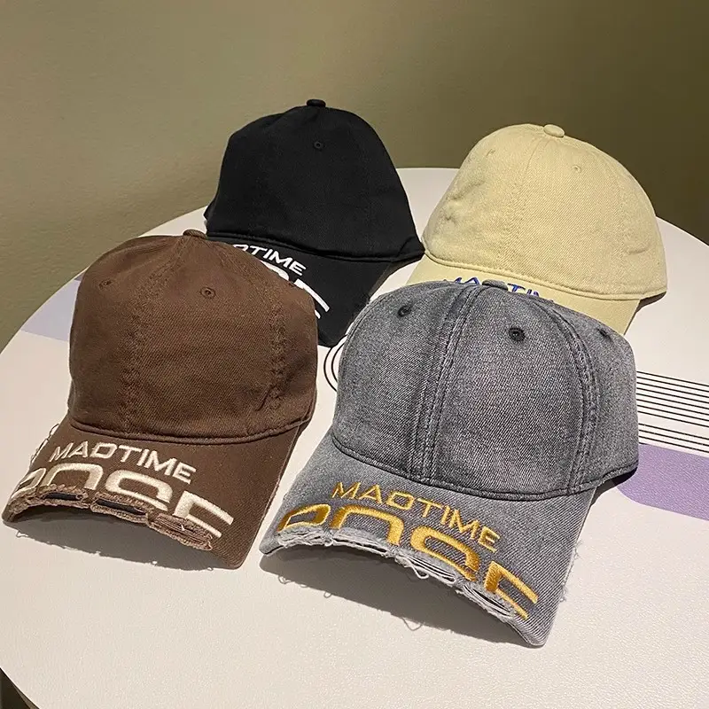 Women Distressed Denim Baseball Cap with Broken Eave & Embroidered Letter — feature 3