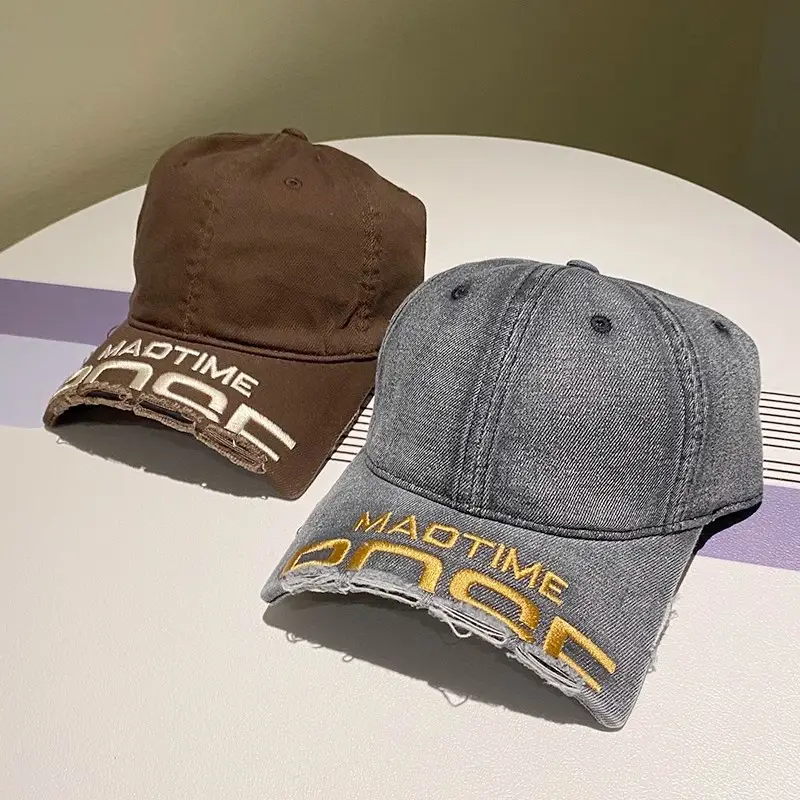 Women Distressed Denim Baseball Cap with Broken Eave & Embroidered Letter — feature 5