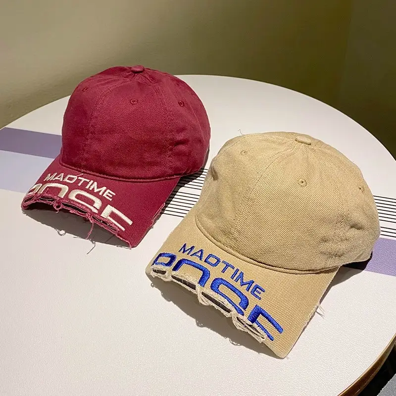 Women Distressed Denim Baseball Cap with Broken Eave & Embroidered Letter — feature 7