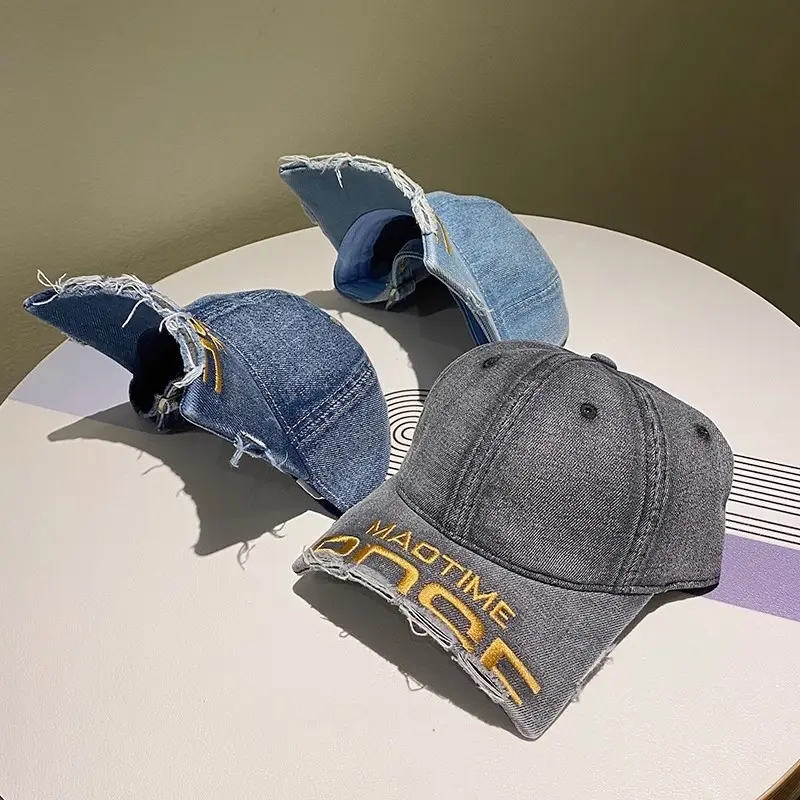 Women Distressed Denim Baseball Cap with Broken Eave & Embroidered Letter — feature 9