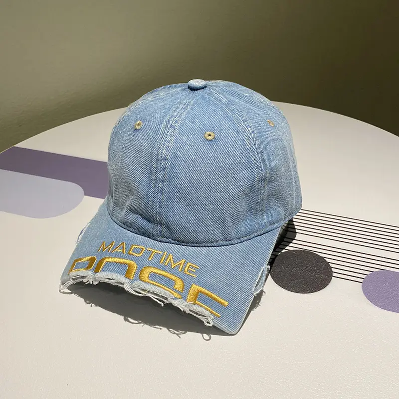 Women Distressed Denim Baseball Cap with Broken Eave & Embroidered Letter - Image 2
