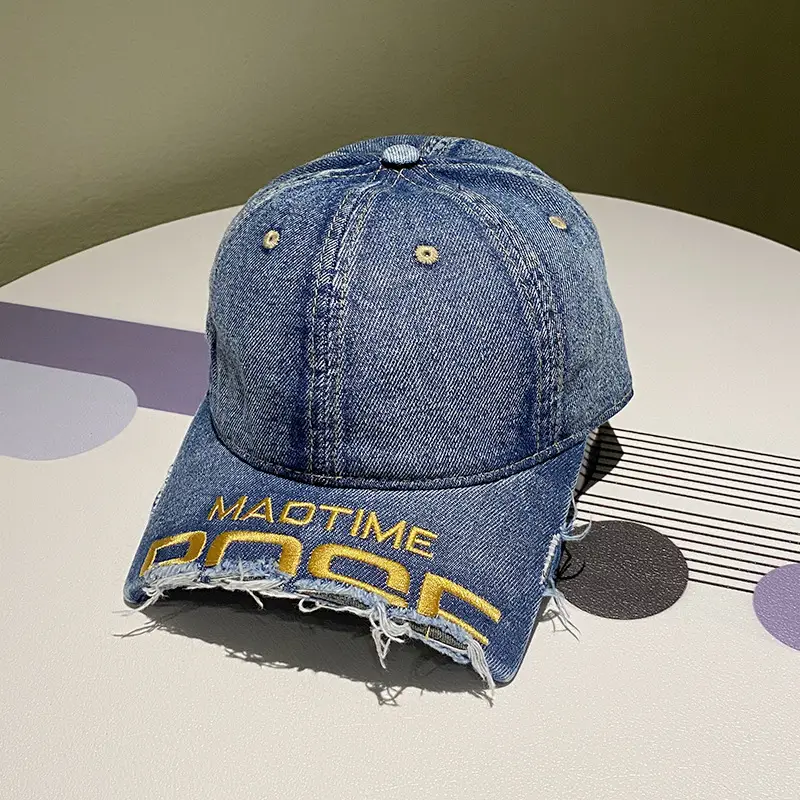 Women Distressed Denim Baseball Cap with Broken Eave & Embroidered Letter - Image 3