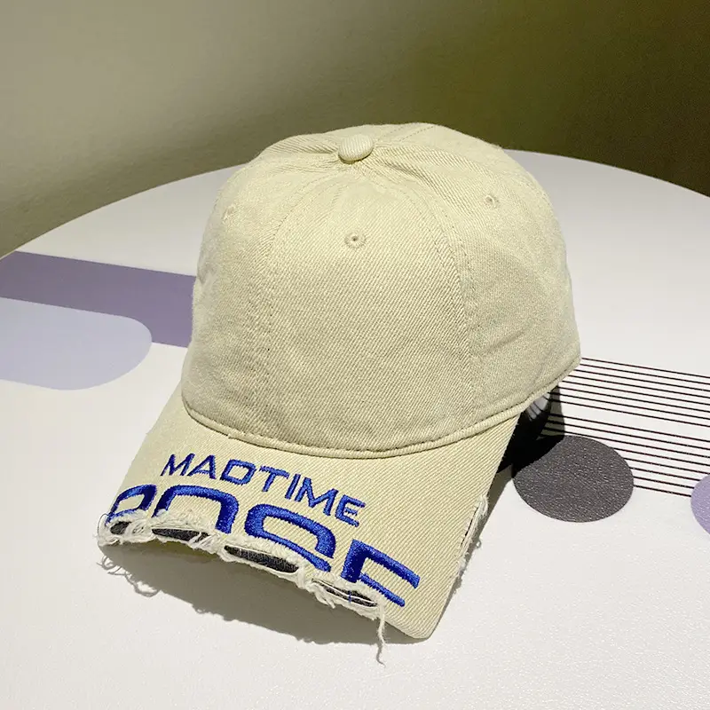 Women Distressed Denim Baseball Cap with Broken Eave & Embroidered Letter — feature 23