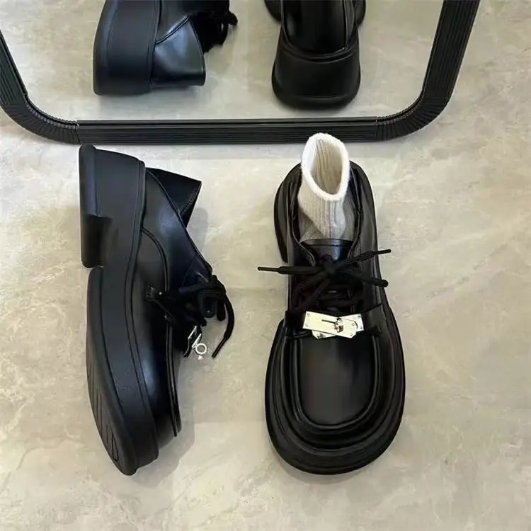 Thick Sole Height Increasing Small Leather Shoes Women's British Style 2025 New Spring Retro All-match Thick Heel Lace-up Lefu Single-layer Shoes — feature 12
