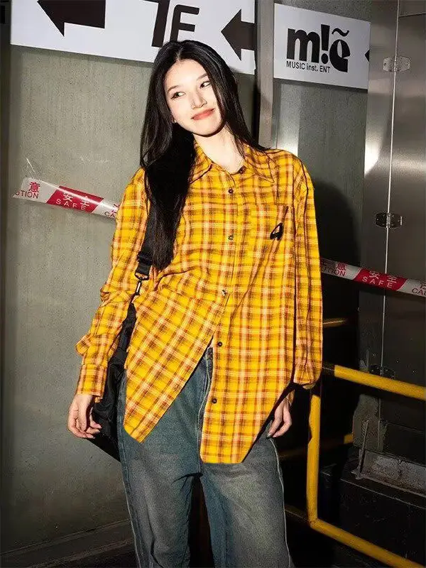 American Yellow Plaid Shirt Women's Spring New Dopamine Shirt Jacket Loose Casual Retro Couple Top