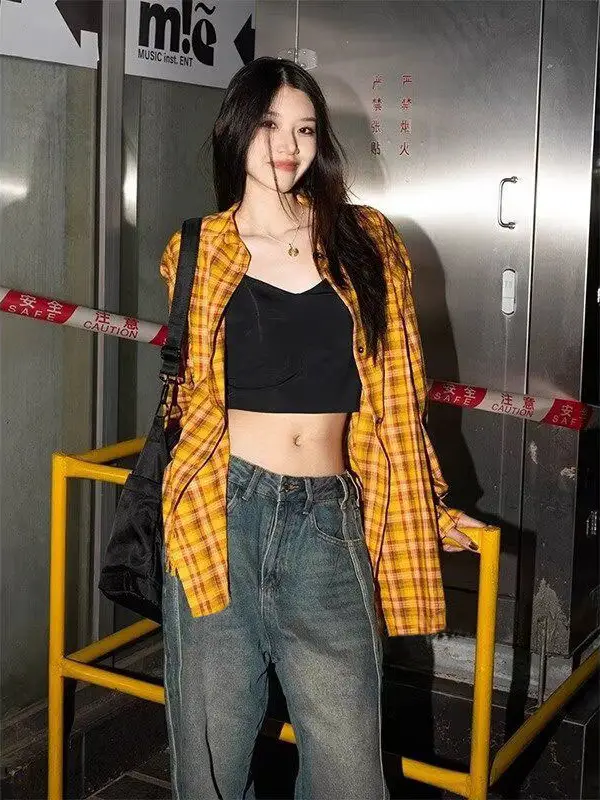 American Yellow Plaid Shirt Women's Spring New Dopamine Shirt Jacket Loose Casual Retro Couple Top