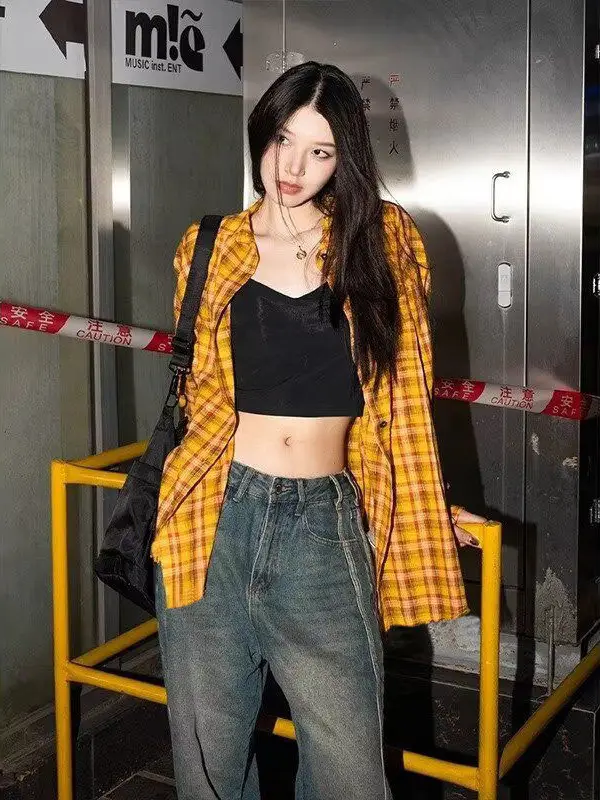 American Yellow Plaid Shirt Women's Spring New Dopamine Shirt Jacket Loose Casual Retro Couple Top