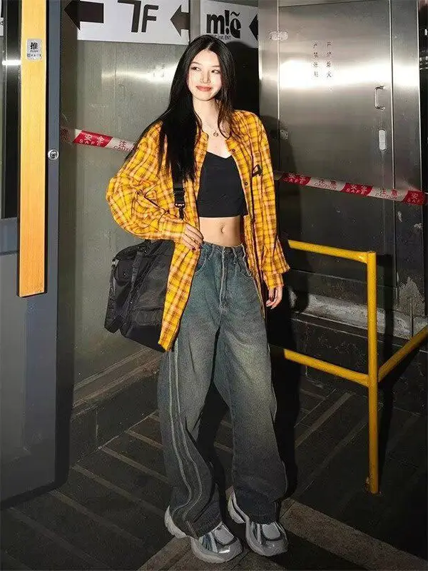 American Yellow Plaid Shirt Women's Spring New Dopamine Shirt Jacket Loose Casual Retro Couple Top