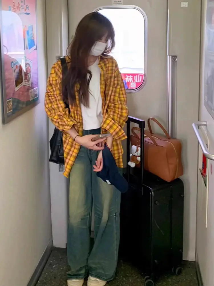 American Yellow Plaid Shirt Women's Spring New Dopamine Shirt Jacket Loose Casual Retro Couple Top