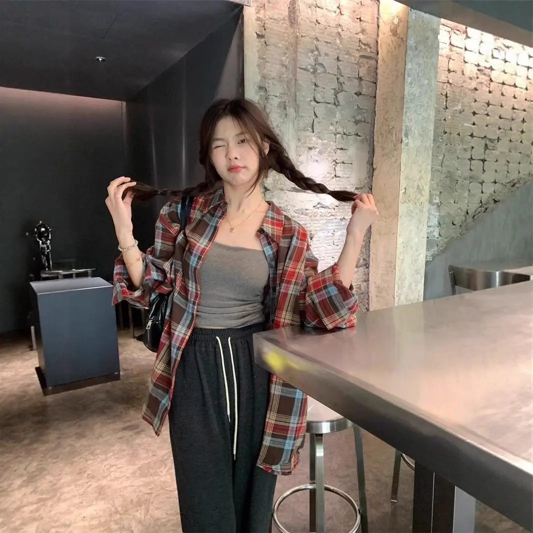 American Yellow Plaid Shirt Women's Spring New Dopamine Shirt Jacket Loose Casual Retro Couple Top — feature 10