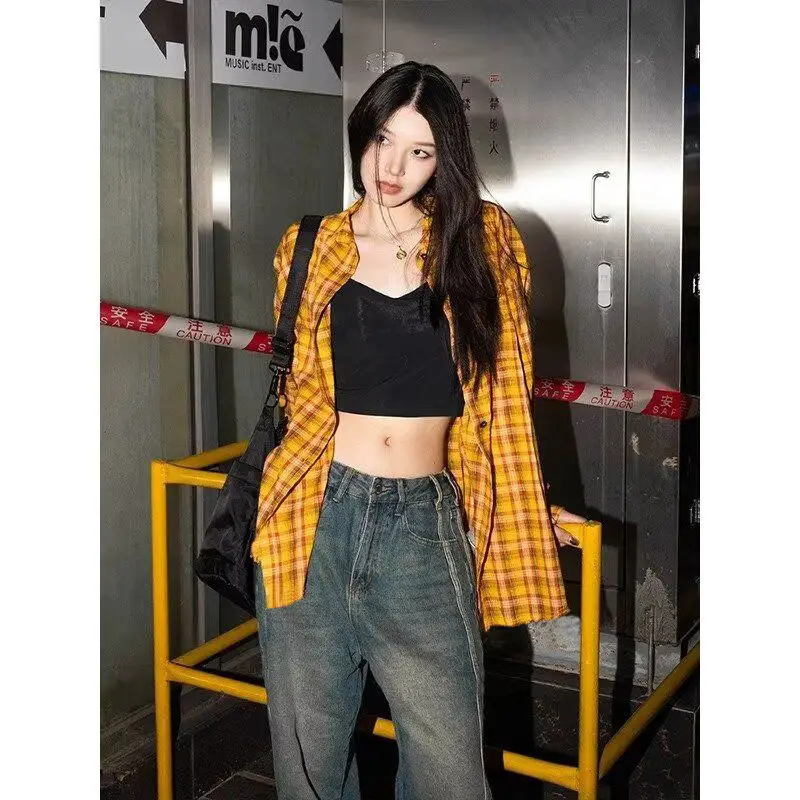 American Yellow Plaid Shirt Women's Spring New Dopamine Shirt Jacket Loose Casual Retro Couple Top — feature 4