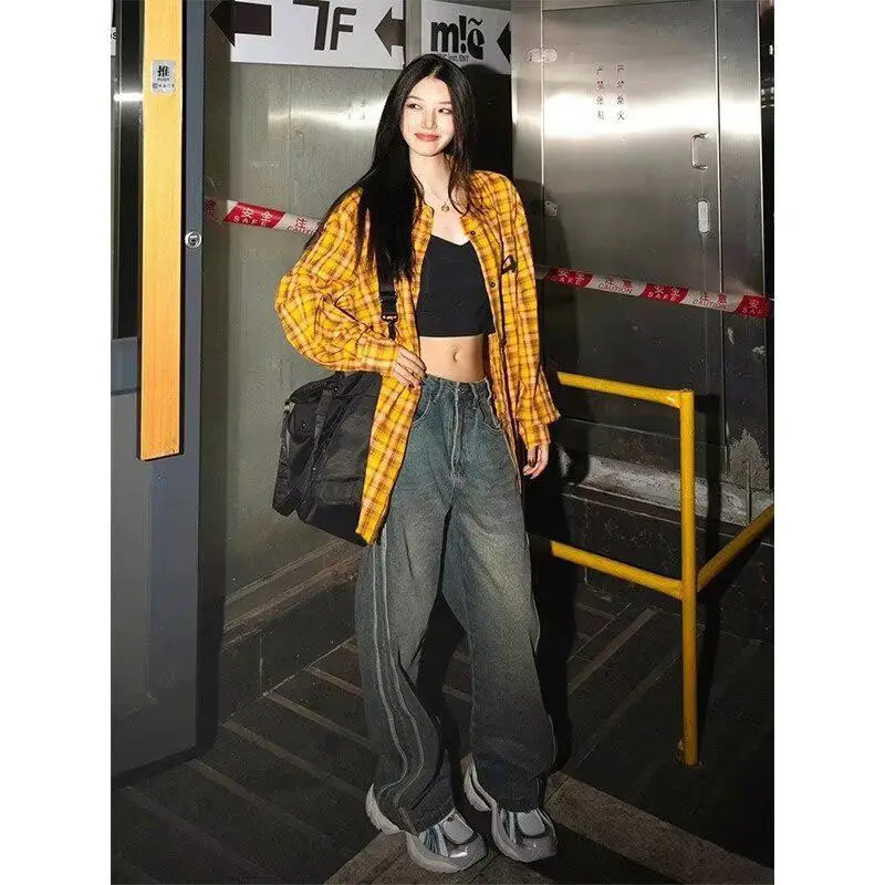 American Yellow Plaid Shirt Women's Spring New Dopamine Shirt Jacket Loose Casual Retro Couple Top — feature 6