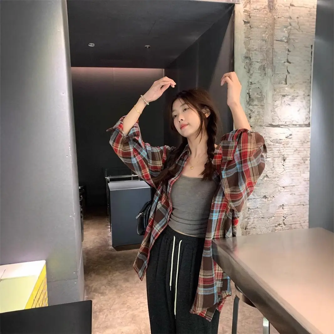 American Yellow Plaid Shirt Women's Spring New Dopamine Shirt Jacket Loose Casual Retro Couple Top — feature 7