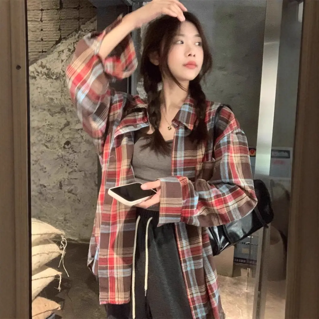 American Yellow Plaid Shirt Women's Spring New Dopamine Shirt Jacket Loose Casual Retro Couple Top — feature 8