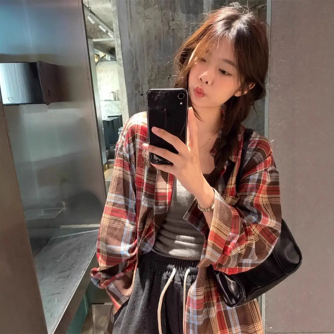 American Yellow Plaid Shirt Women's Spring New Dopamine Shirt Jacket Loose Casual Retro Couple Top — feature 9