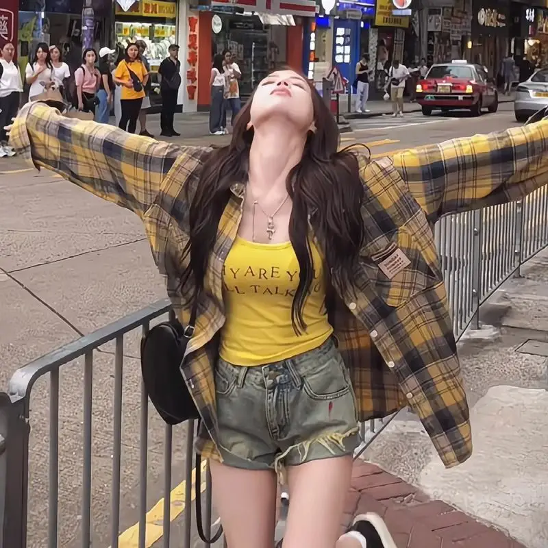 American Yellow Plaid Shirt Women's Spring New Dopamine Shirt Jacket Loose Casual Retro Couple Top