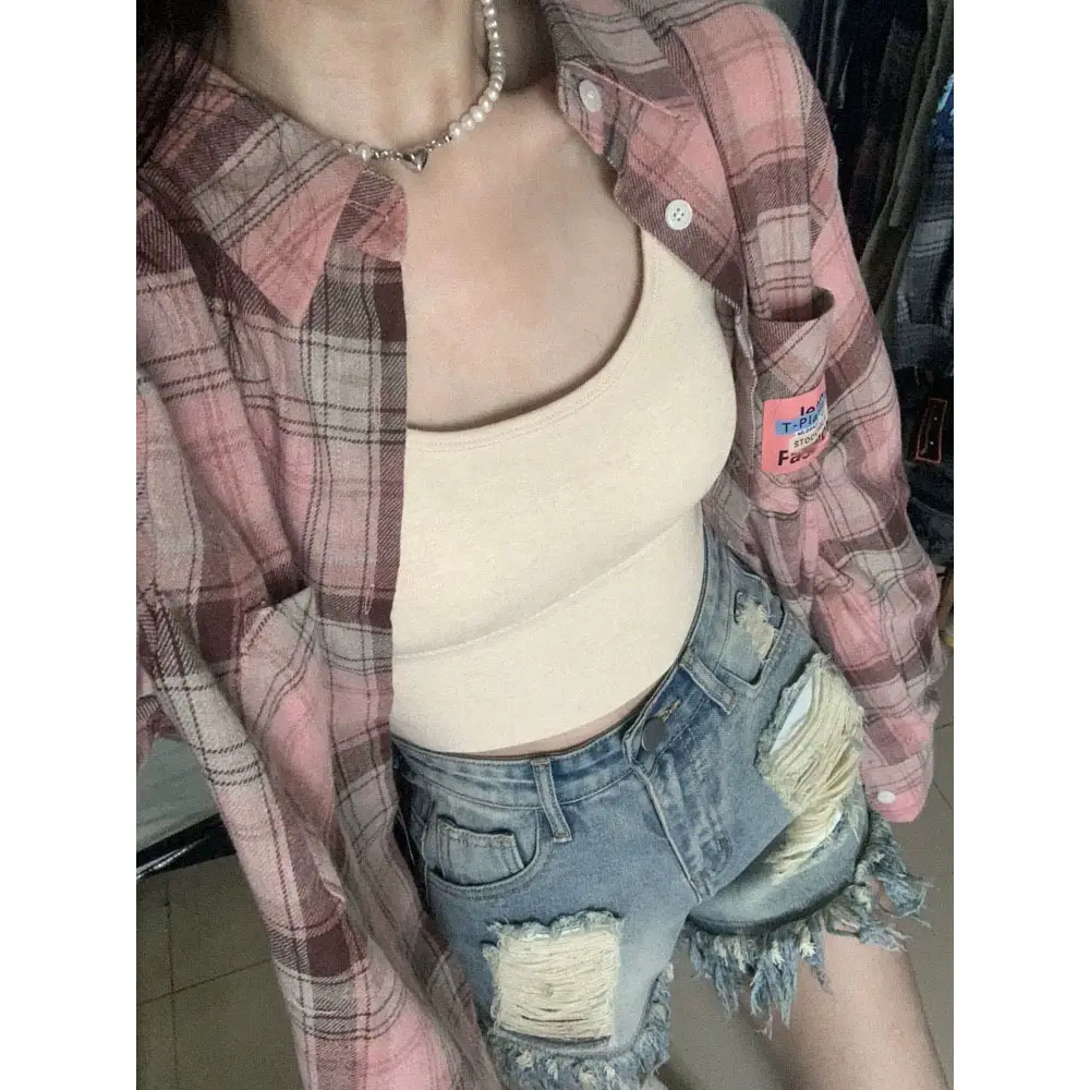 American Yellow Plaid Shirt Women's Spring New Dopamine Shirt Jacket Loose Casual Retro Couple Top
