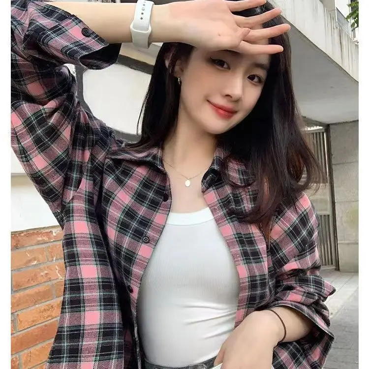 American Yellow Plaid Shirt Women's Spring New Dopamine Shirt Jacket Loose Casual Retro Couple Top
