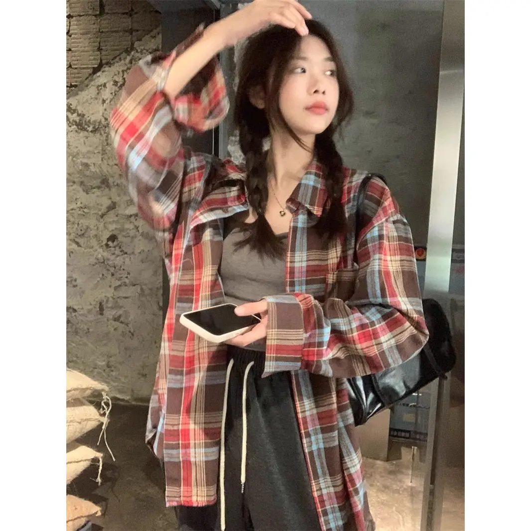 American Yellow Plaid Shirt Women's Spring New Dopamine Shirt Jacket Loose Casual Retro Couple Top