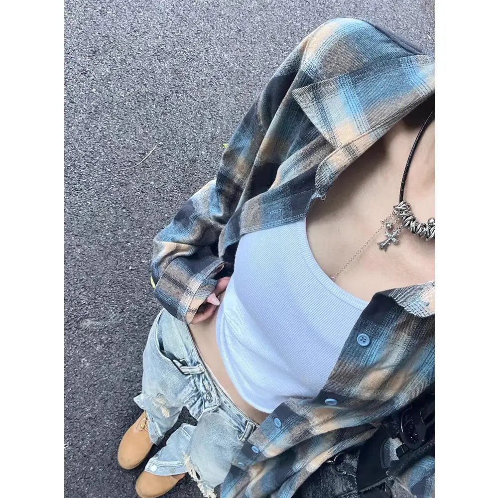 American Yellow Plaid Shirt Women's Spring New Dopamine Shirt Jacket Loose Casual Retro Couple Top