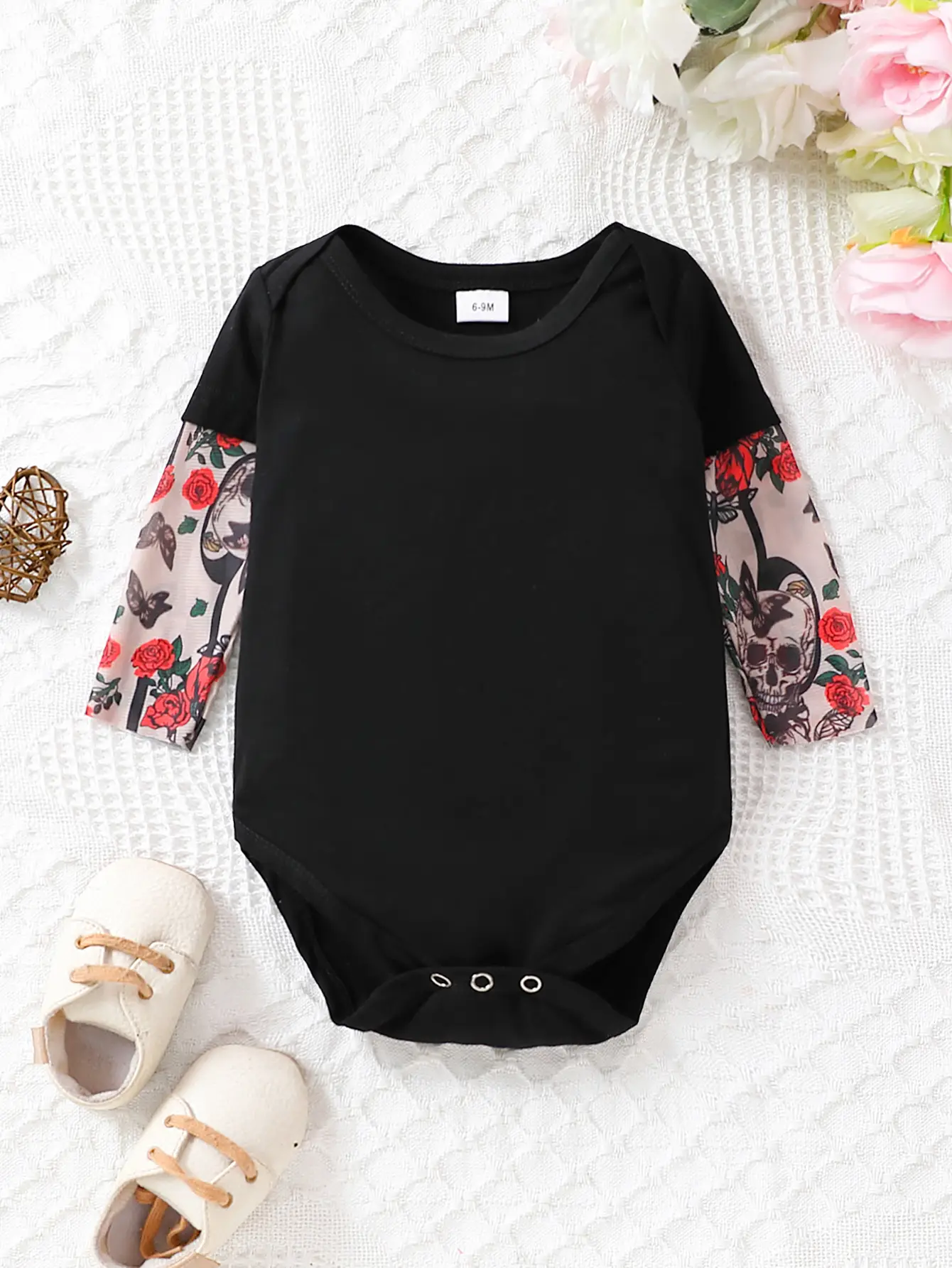 Black Floral Sleeve Baby Onesie with Buttons