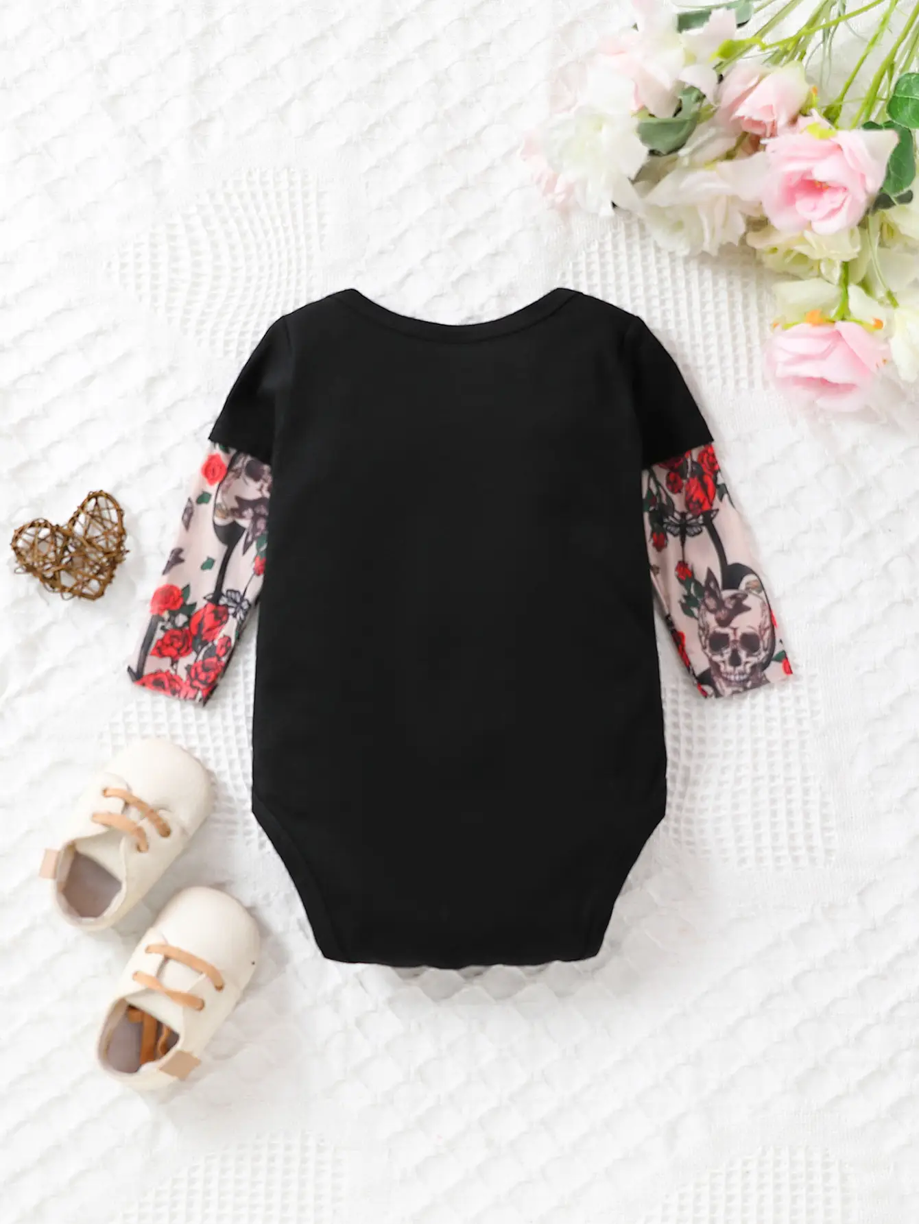 Black Floral Sleeve Baby Onesie with Buttons