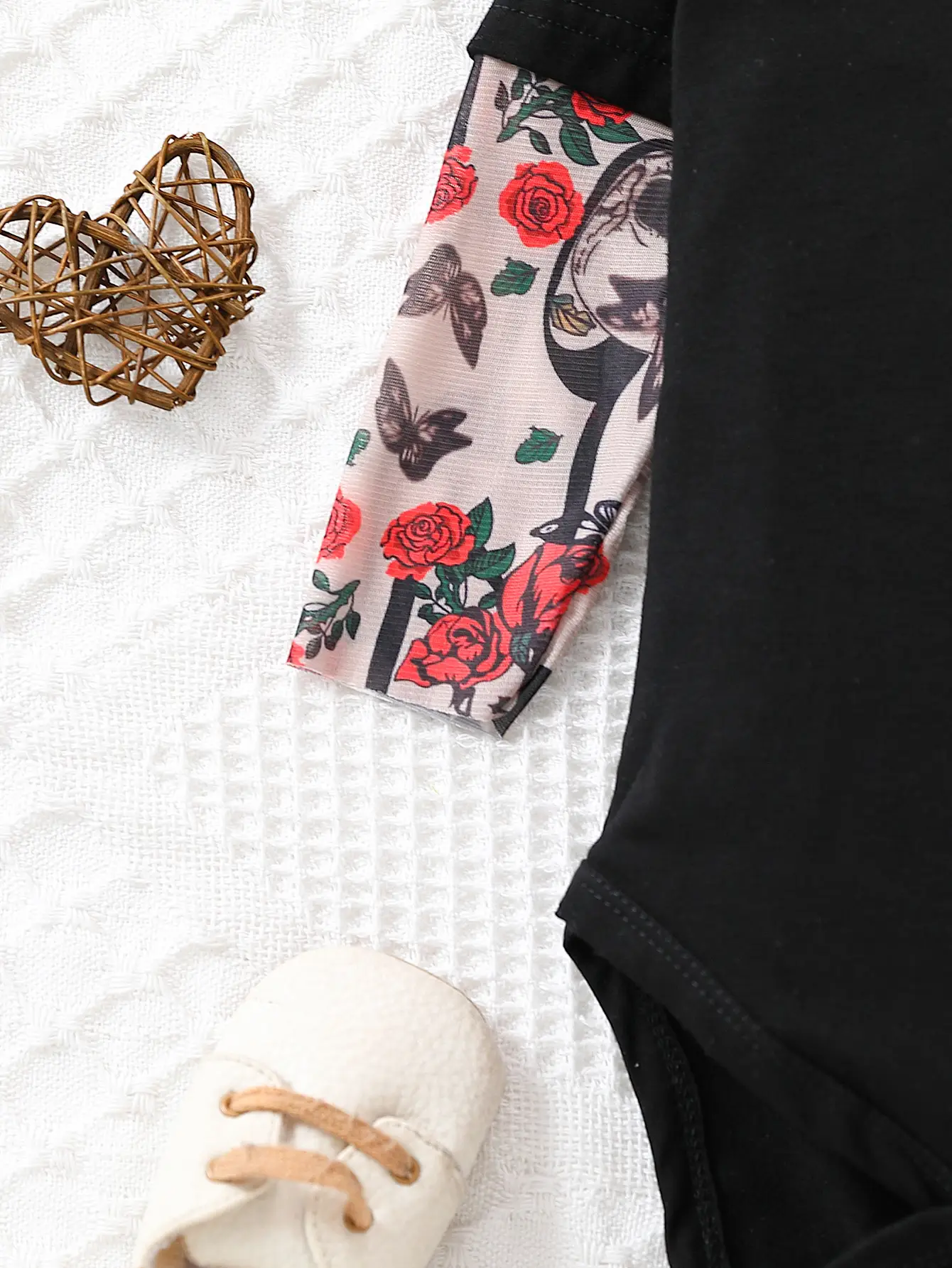 Black Floral Sleeve Baby Onesie with Buttons