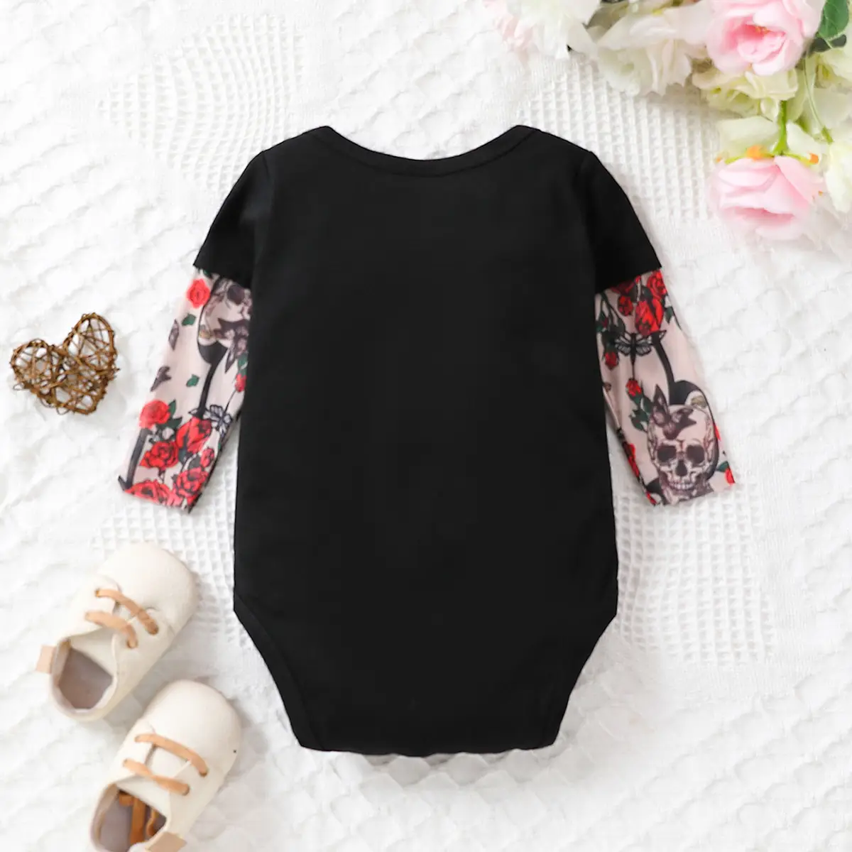 Black Floral Sleeve Baby Onesie with Buttons — feature 6
