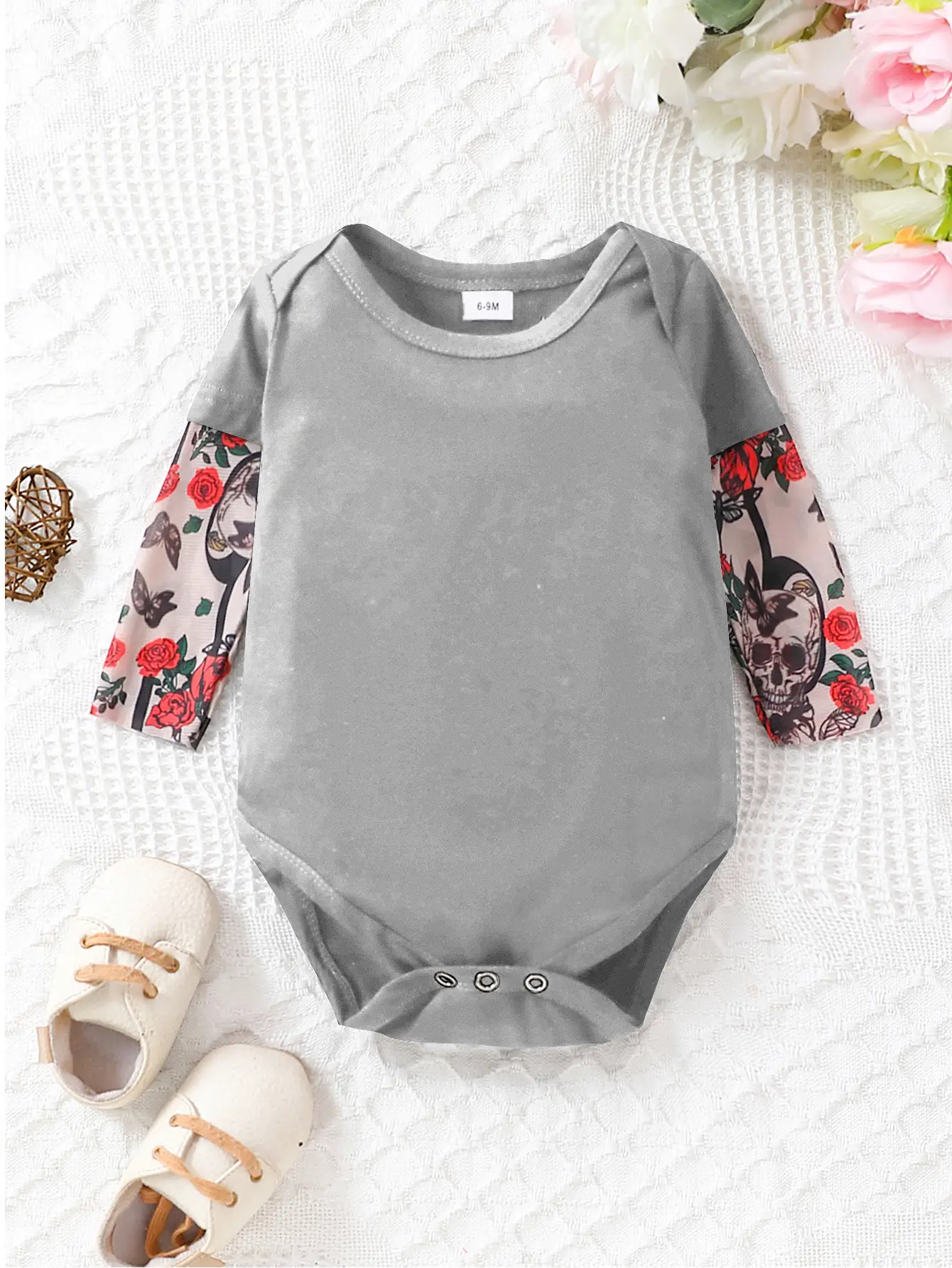 Black Floral Sleeve Baby Onesie with Buttons