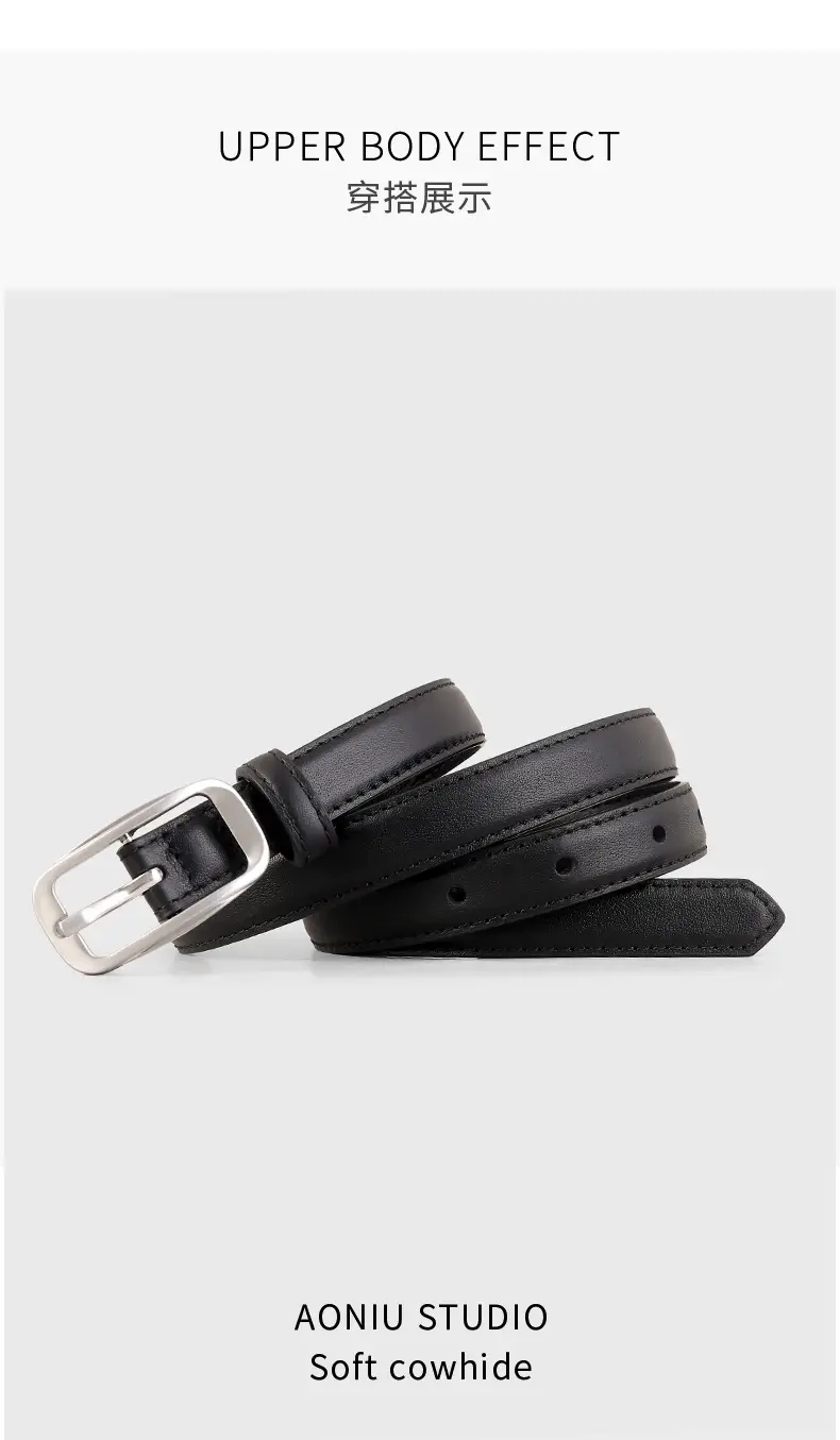 Black Genuine Leather Women's Belt with Square Buckle — feature 11