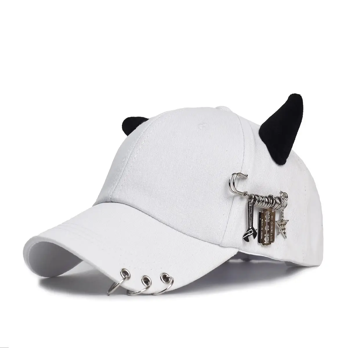Women's White Korean Style Cow Ear Baseball Cap with Iron Ring - Image 5