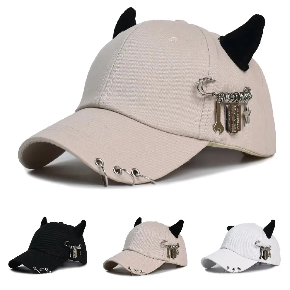 Women's White Korean Style Cow Ear Baseball Cap with Iron Ring — feature 1