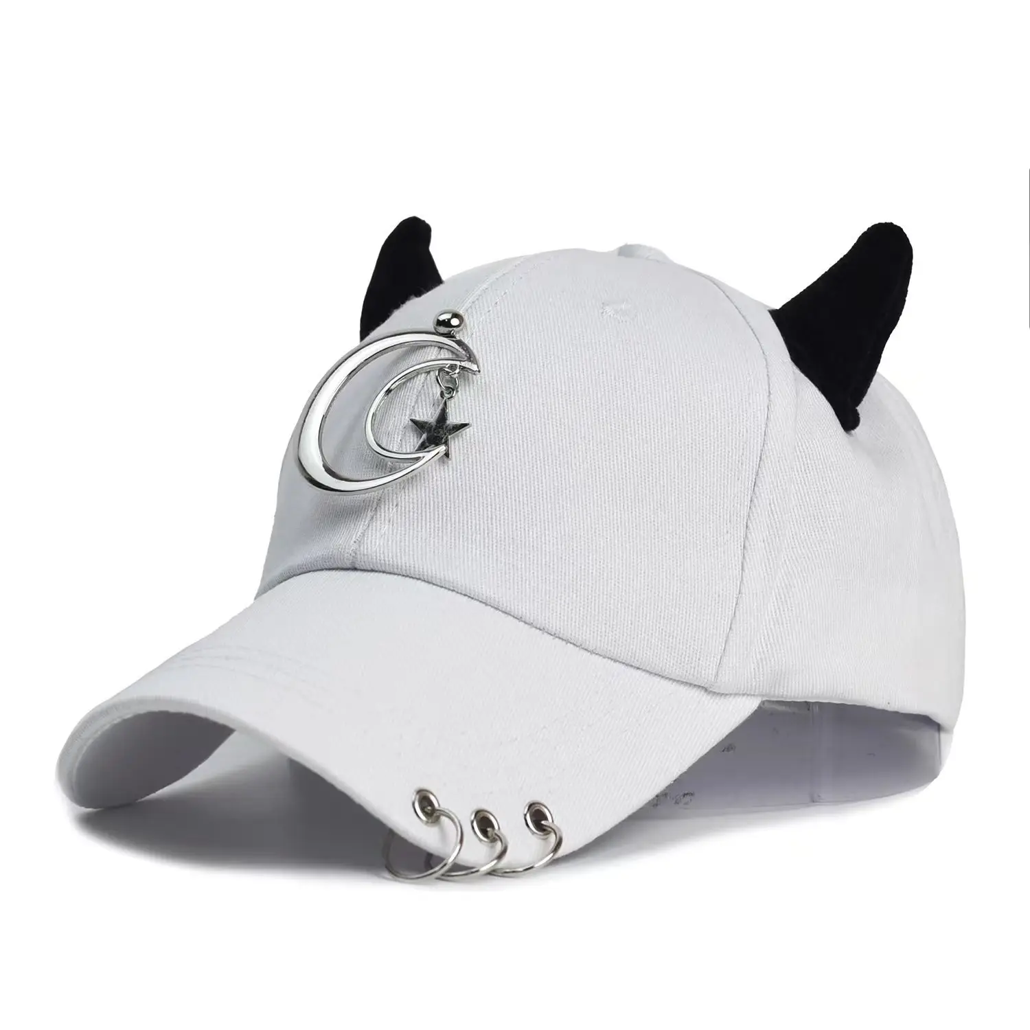 Women's White Korean Style Cow Ear Baseball Cap with Iron Ring — feature 10