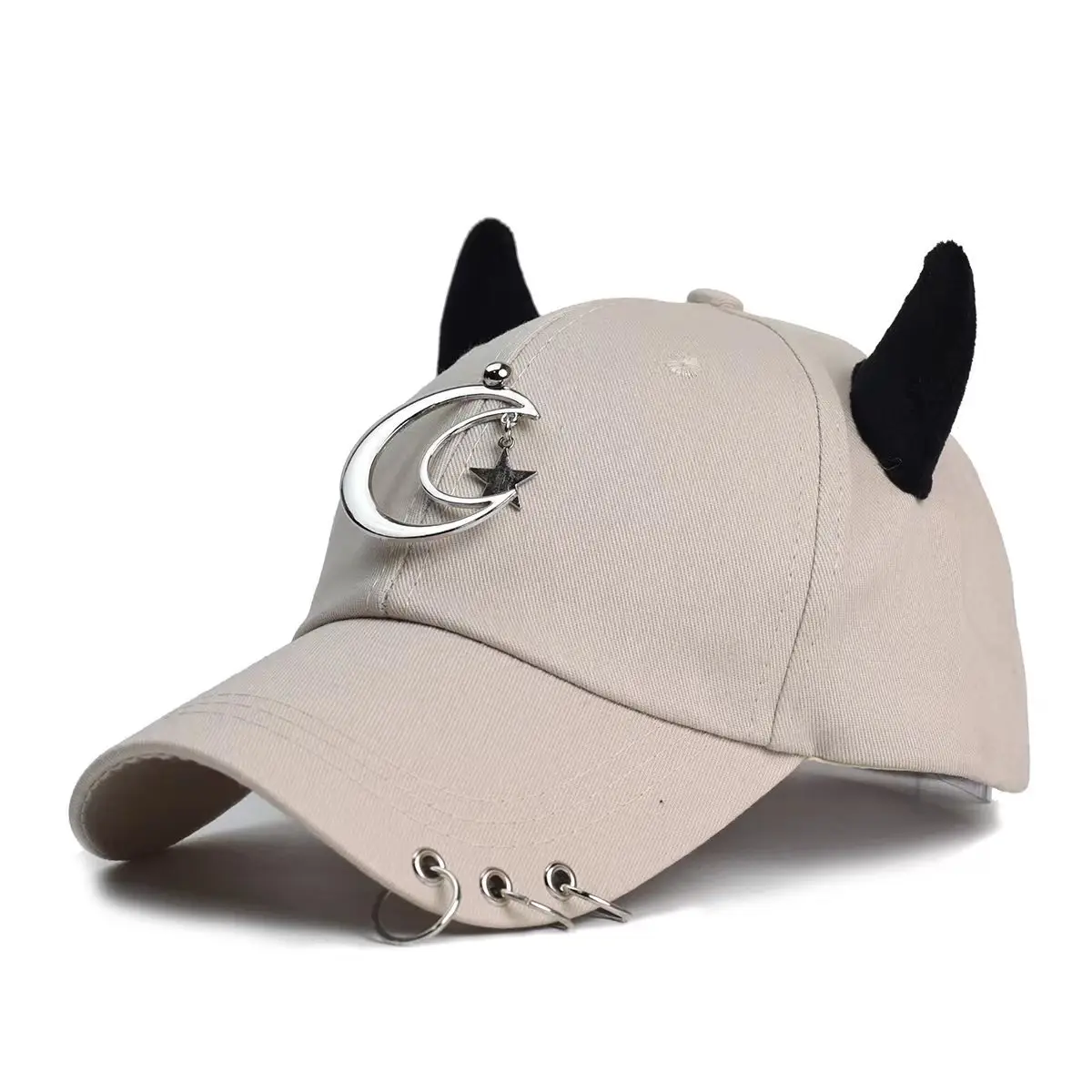Women's White Korean Style Cow Ear Baseball Cap with Iron Ring — feature 11