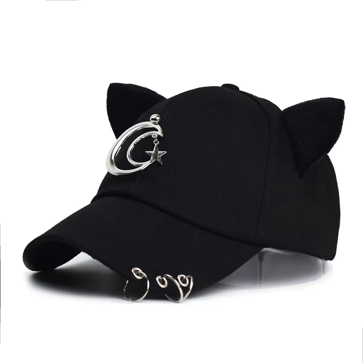 Women's White Korean Style Cow Ear Baseball Cap with Iron Ring — feature 12