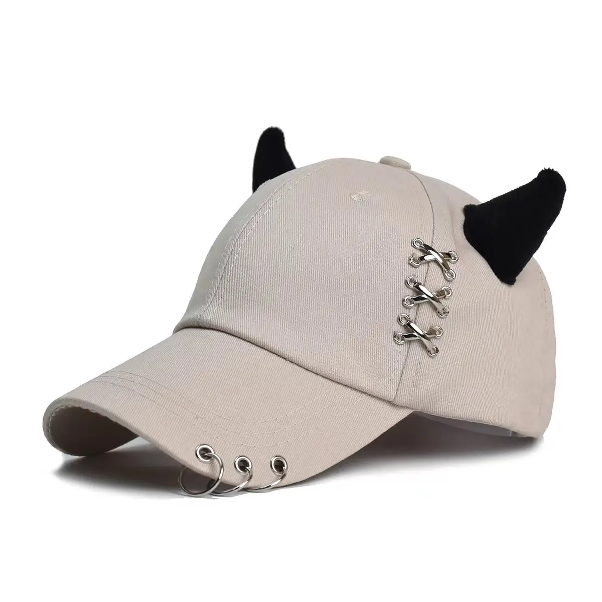 Women's White Korean Style Cow Ear Baseball Cap with Iron Ring — feature 13
