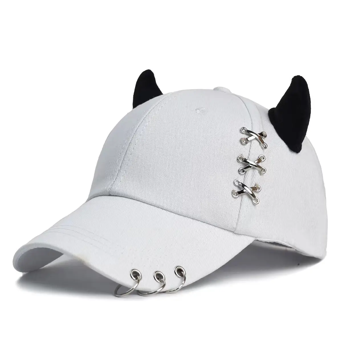 Women's White Korean Style Cow Ear Baseball Cap with Iron Ring — feature 14