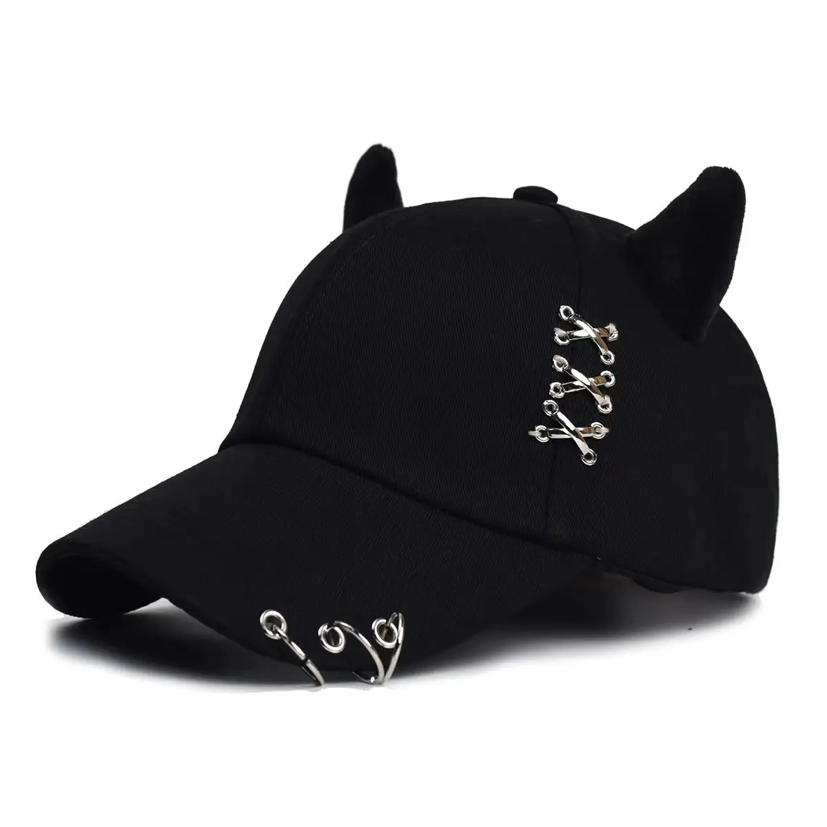 Women's White Korean Style Cow Ear Baseball Cap with Iron Ring — feature 15