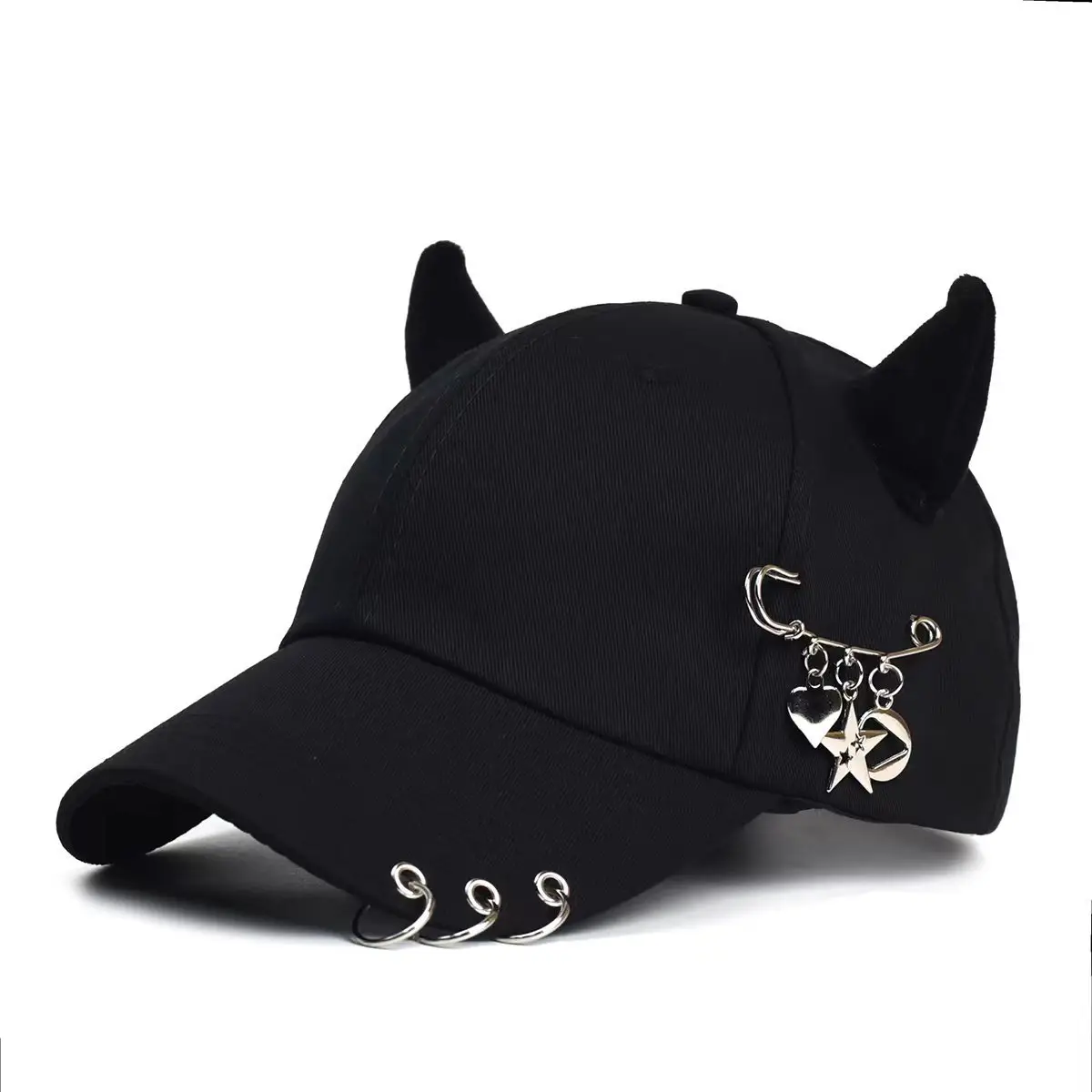 Women's White Korean Style Cow Ear Baseball Cap with Iron Ring — feature 16