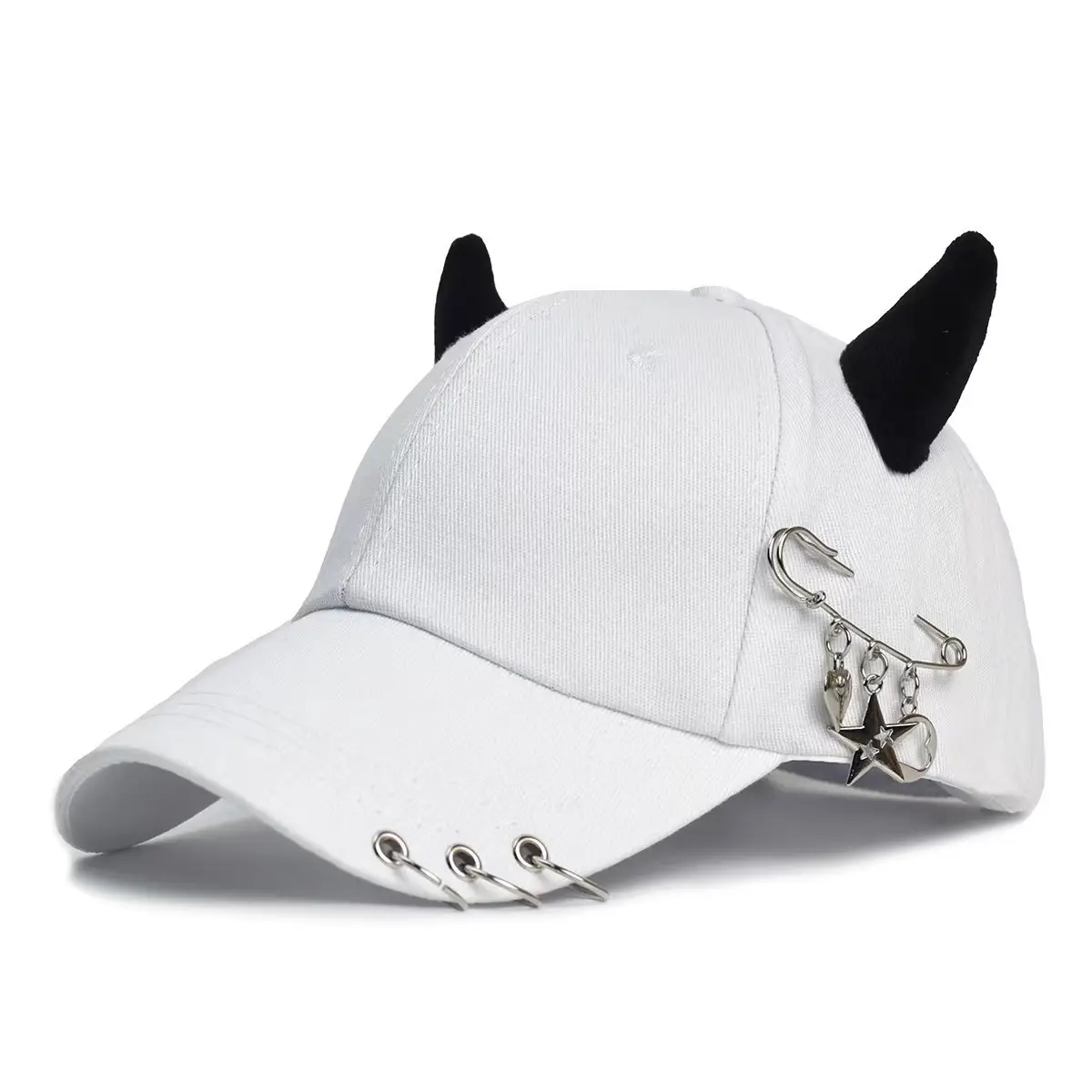 Women's White Korean Style Cow Ear Baseball Cap with Iron Ring — feature 17