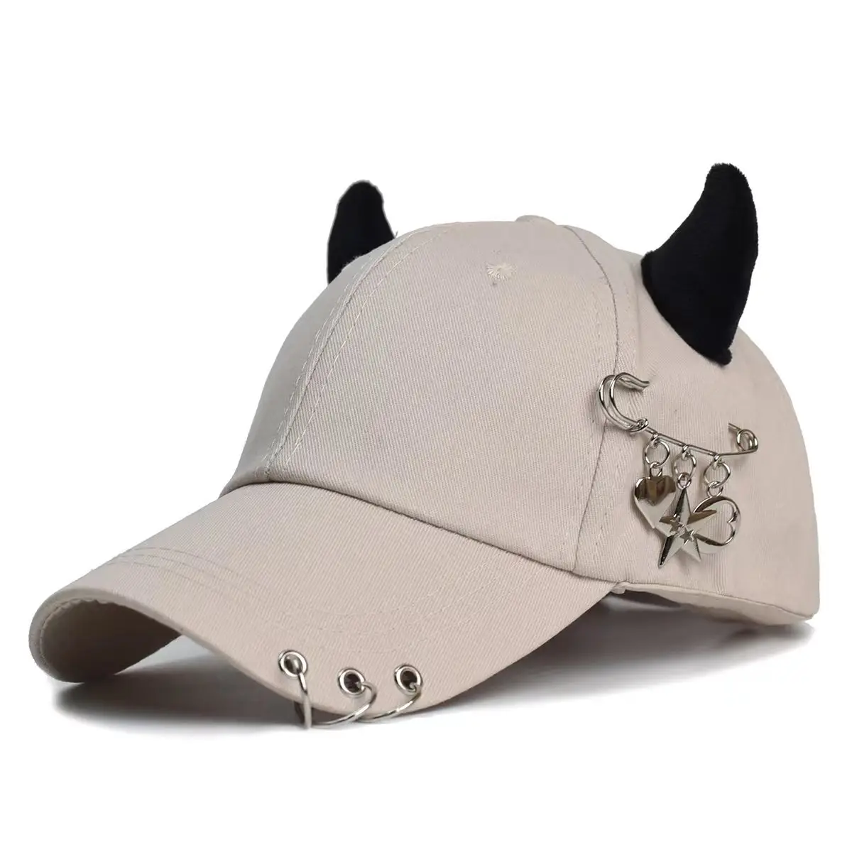 Women's White Korean Style Cow Ear Baseball Cap with Iron Ring — feature 18