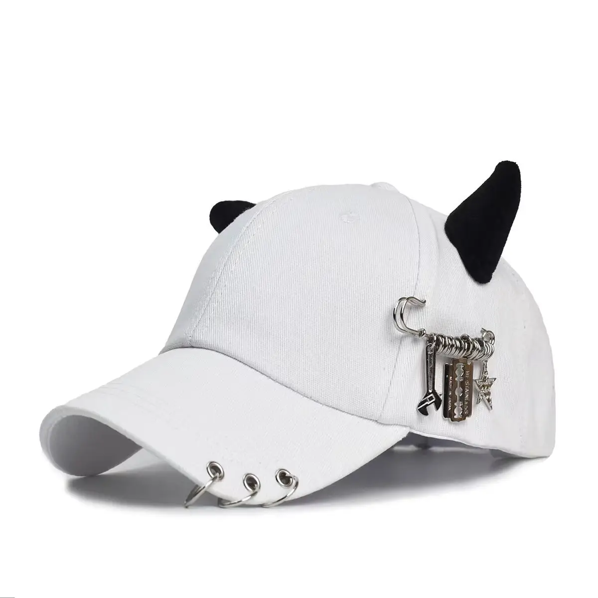 Women's White Korean Style Cow Ear Baseball Cap with Iron Ring — feature 19