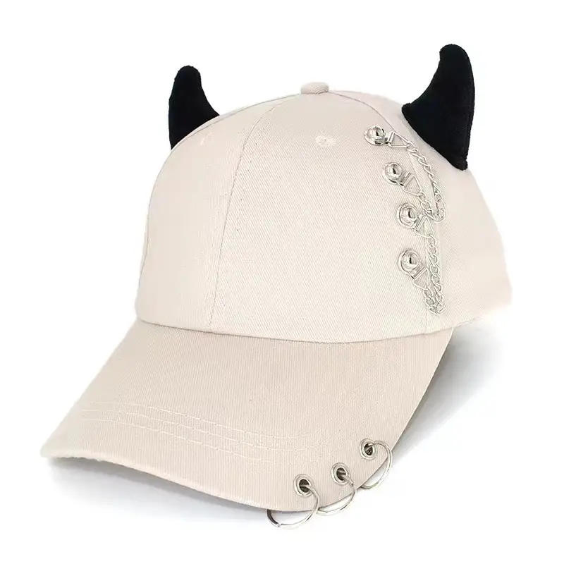 Women's White Korean Style Cow Ear Baseball Cap with Iron Ring — feature 20