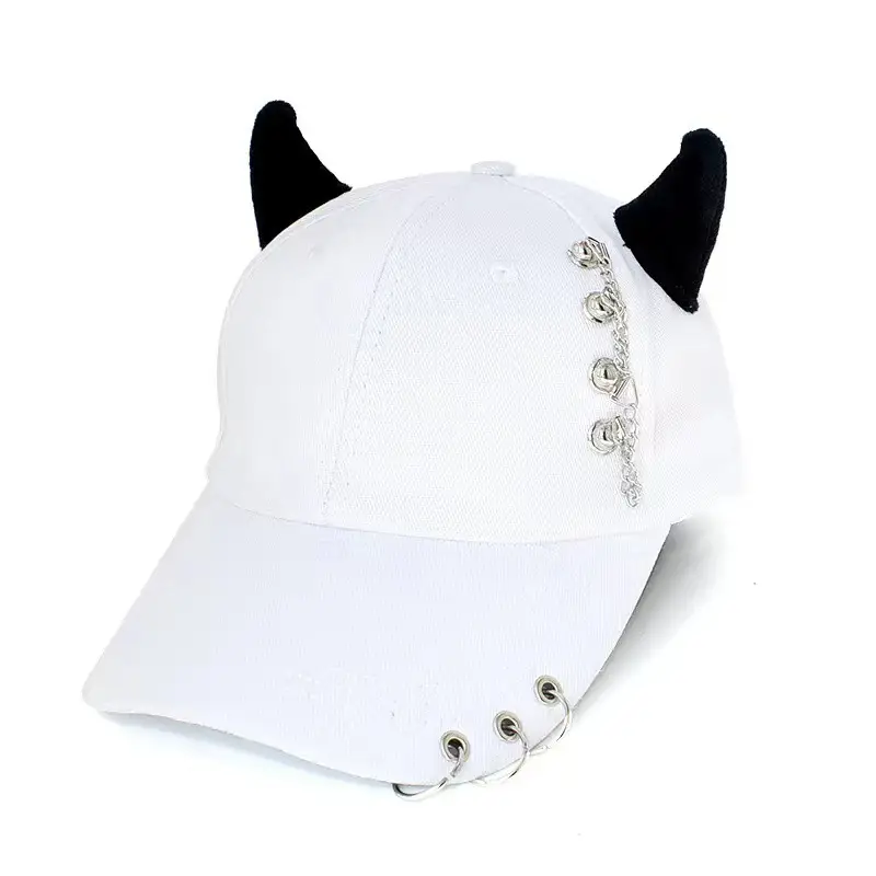 Women's White Korean Style Cow Ear Baseball Cap with Iron Ring — feature 21