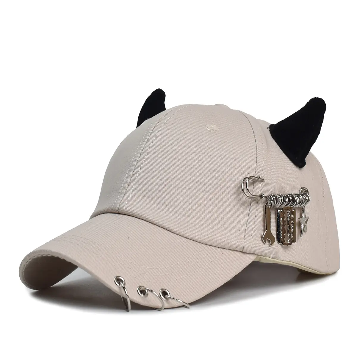 Women's White Korean Style Cow Ear Baseball Cap with Iron Ring — feature 4