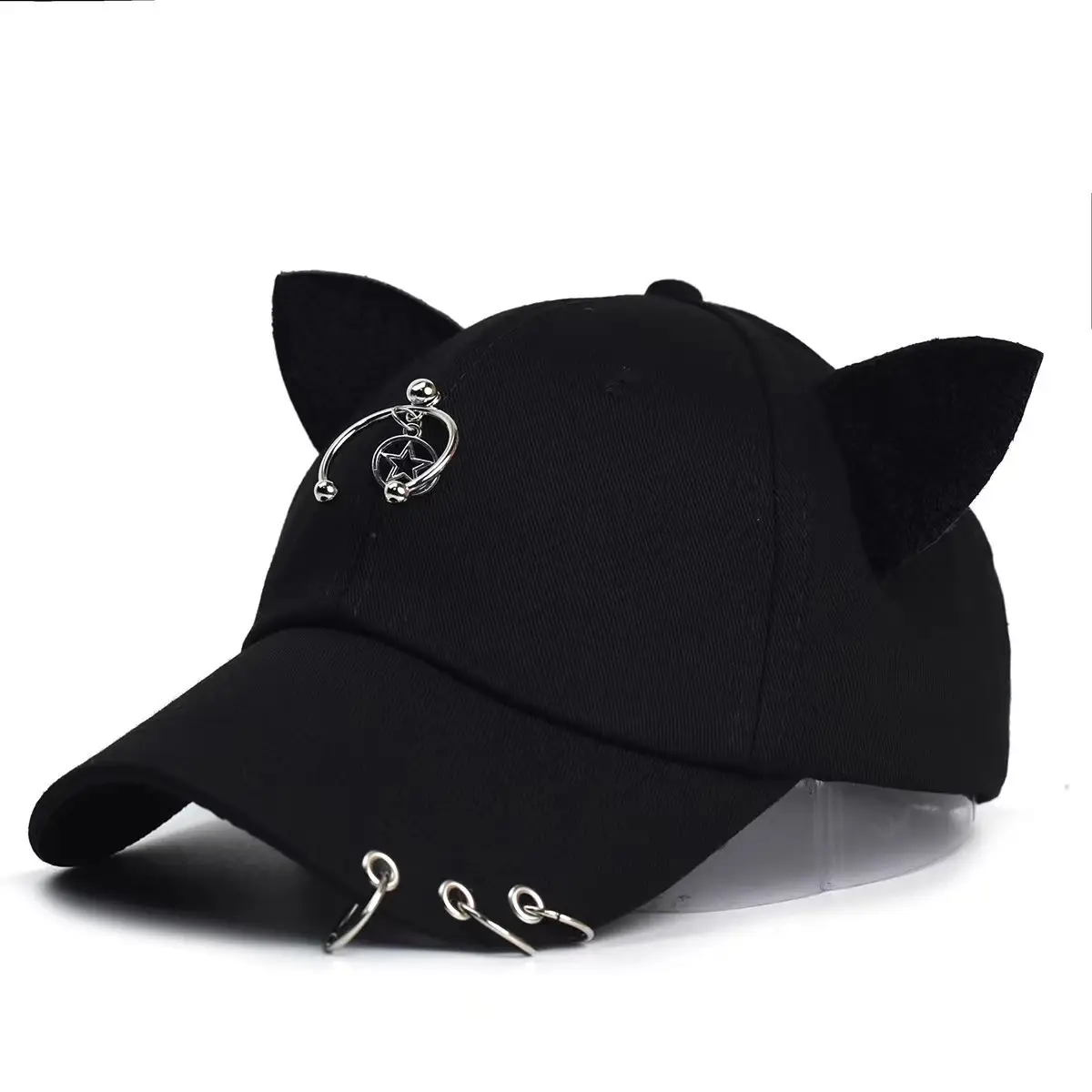 Women's White Korean Style Cow Ear Baseball Cap with Iron Ring — feature 7