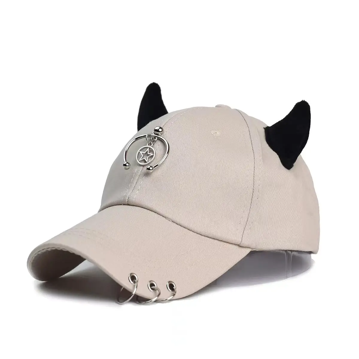 Women's White Korean Style Cow Ear Baseball Cap with Iron Ring — feature 8