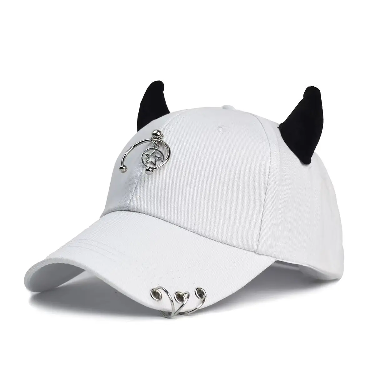 Women's White Korean Style Cow Ear Baseball Cap with Iron Ring — feature 9