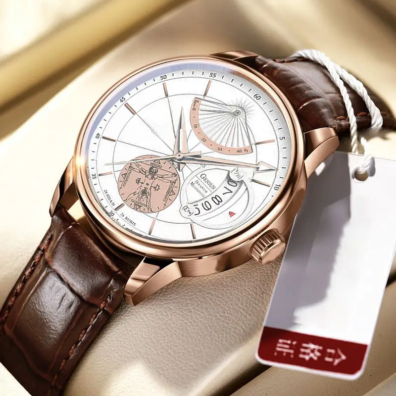 Men's Luxurious Rose Gold Wristwatch with Skeleton Dial