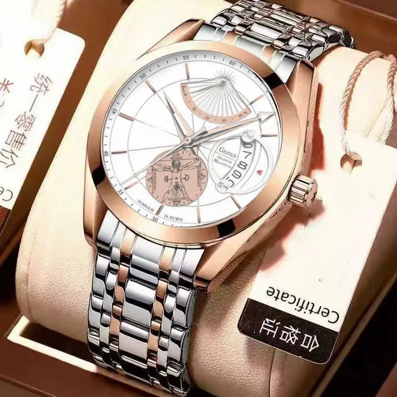 Men's Luxurious Rose Gold Wristwatch with Skeleton Dial